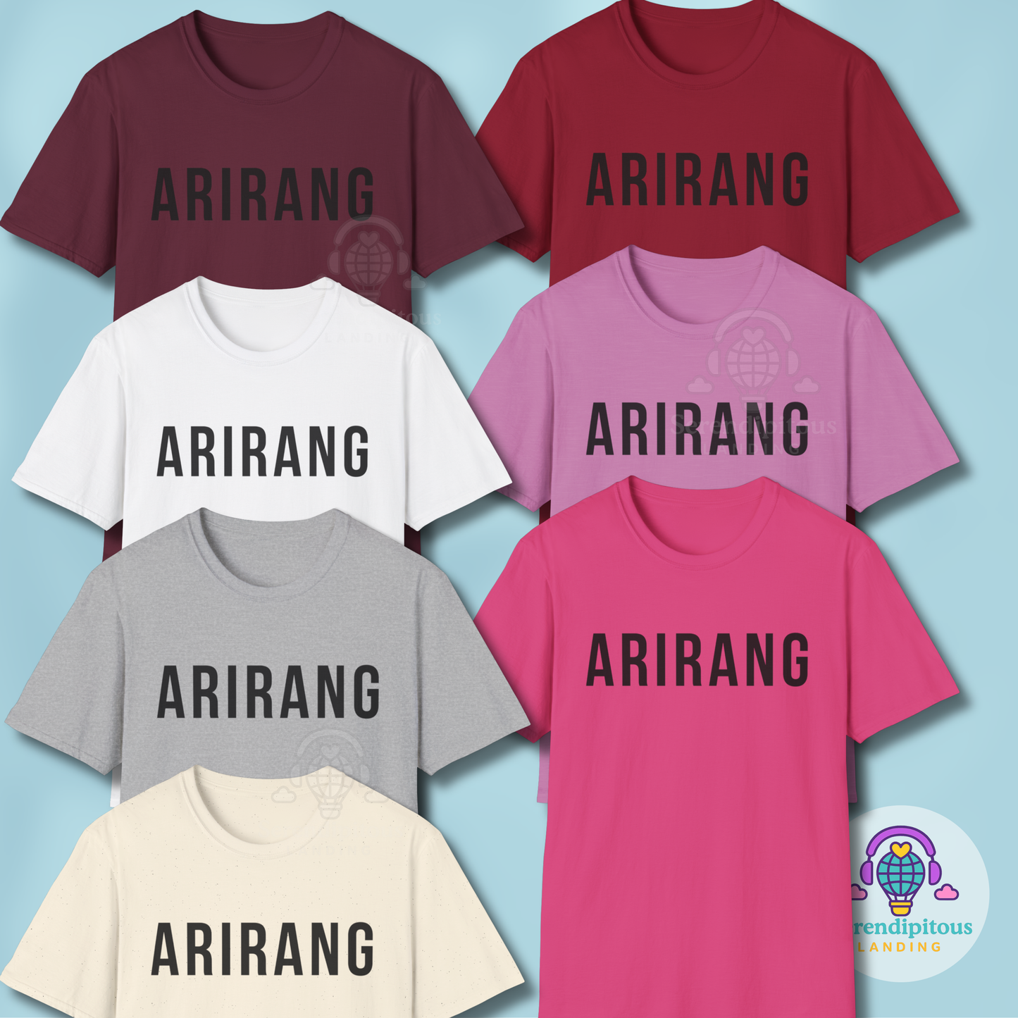 Collection of t-shirts with 'ARIRANG' text in various colors on a light blue background. - Bangtan Tour 2026 Unofficial Shirt [Bias Arirang Color Vinyl Edition, Simple Text]