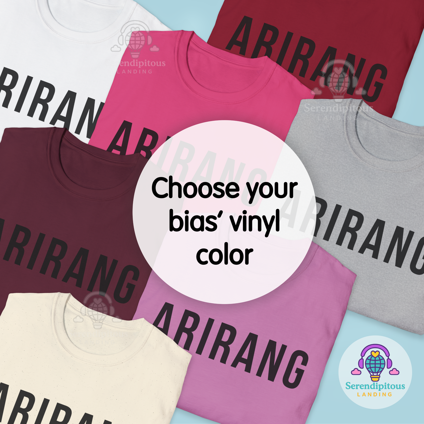 Collection of t-shirts with 'ABIRANG' text in various colors on a light blue background. - Bangtan Tour 2026 Unofficial Shirt [Bias Arirang Color Vinyl Edition, Simple Text] OT7