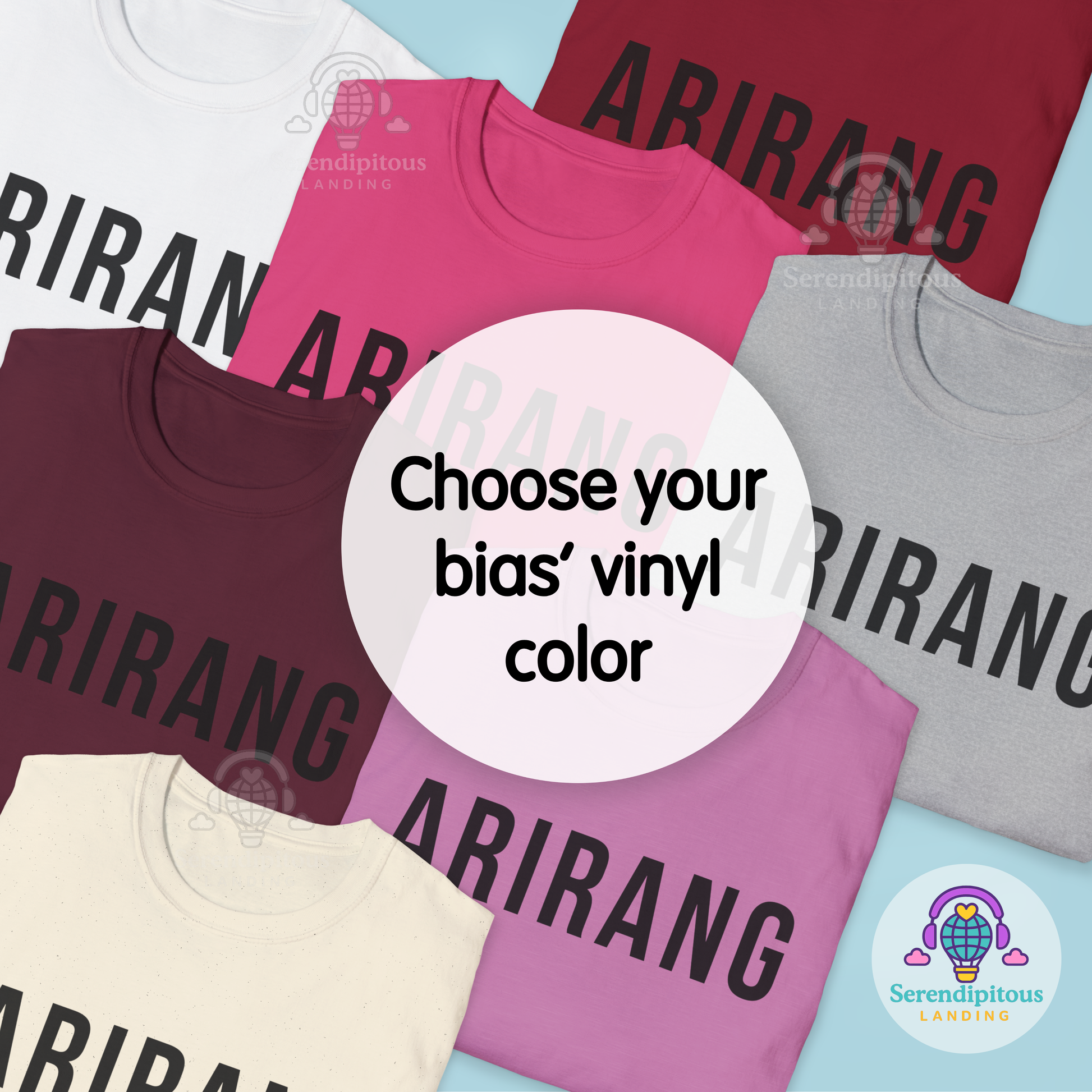 Collection of t-shirts with 'ABIRANG' text in various colors on a light blue background. - Bangtan Tour 2026 Unofficial Shirt [Bias Arirang Color Vinyl Edition, Simple Text] OT7