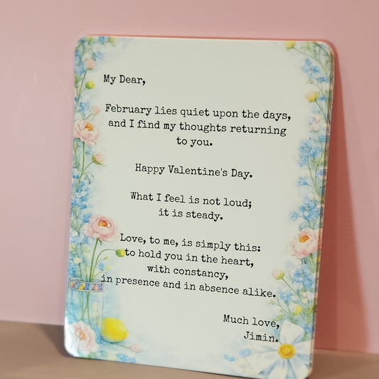 Valentine's Day card with floral design and romantic poem on a pink background - BTS Jimin Valentine postcard replica from vogue and dior promotions with floral design inspired by cover photos