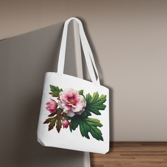 White tote bag with floral design hanging against a neutral wall.  - mugunghwa and oak leaf botanical design - white large everyday tote bag