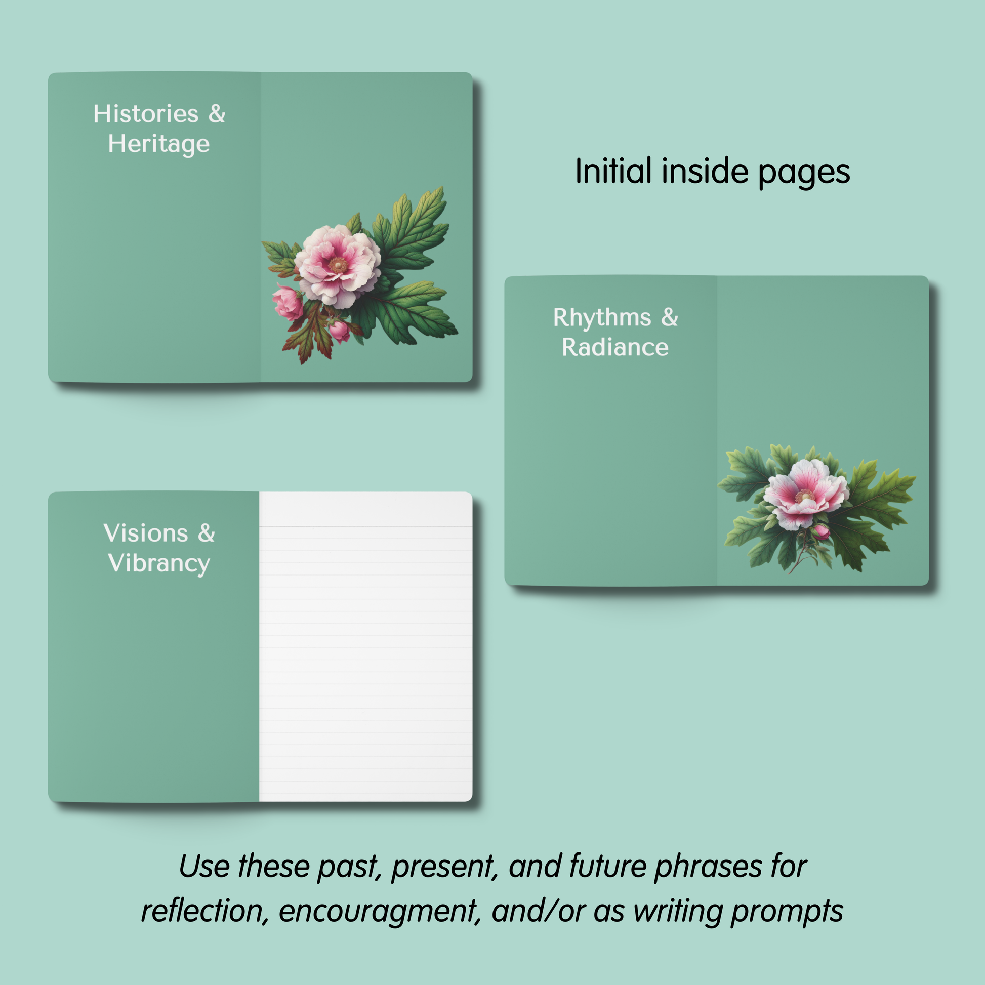 Three green pages with floral designs on a light blue background - mugunghwa and oak leaf botanical design - teal / sage green cover, perforated notebook