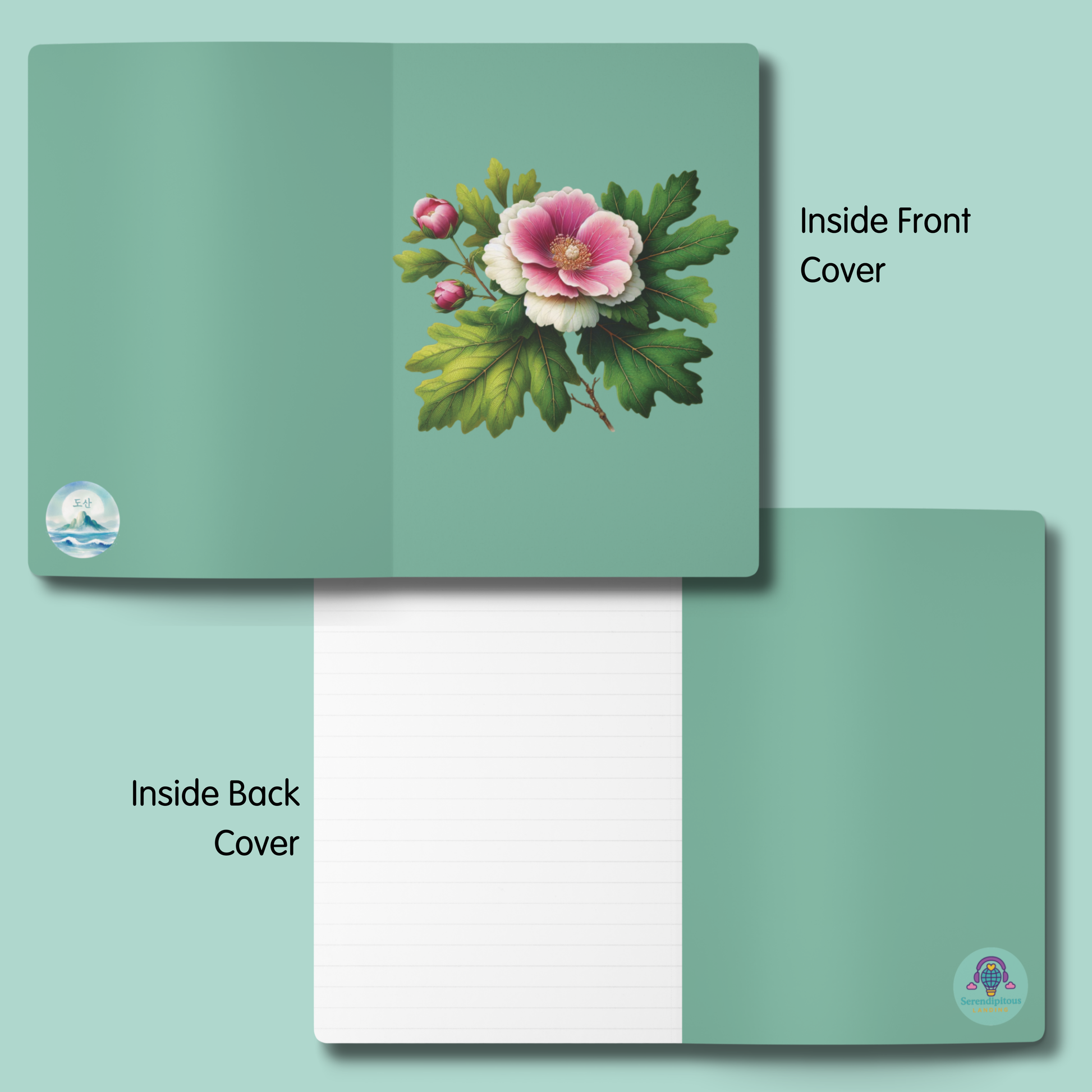 Green notebook with floral design on the inside front cover and white interior pages. - mugunghwa and oak leaf botanical design - teal / sage green cover, perforated notebook