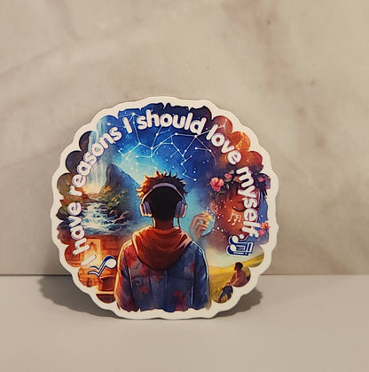 Sticker with a colorful design featuring a person and text on a plain background- affirmation stickers - friends, zero oclock, yet to come, answer: love yourself, magic shop