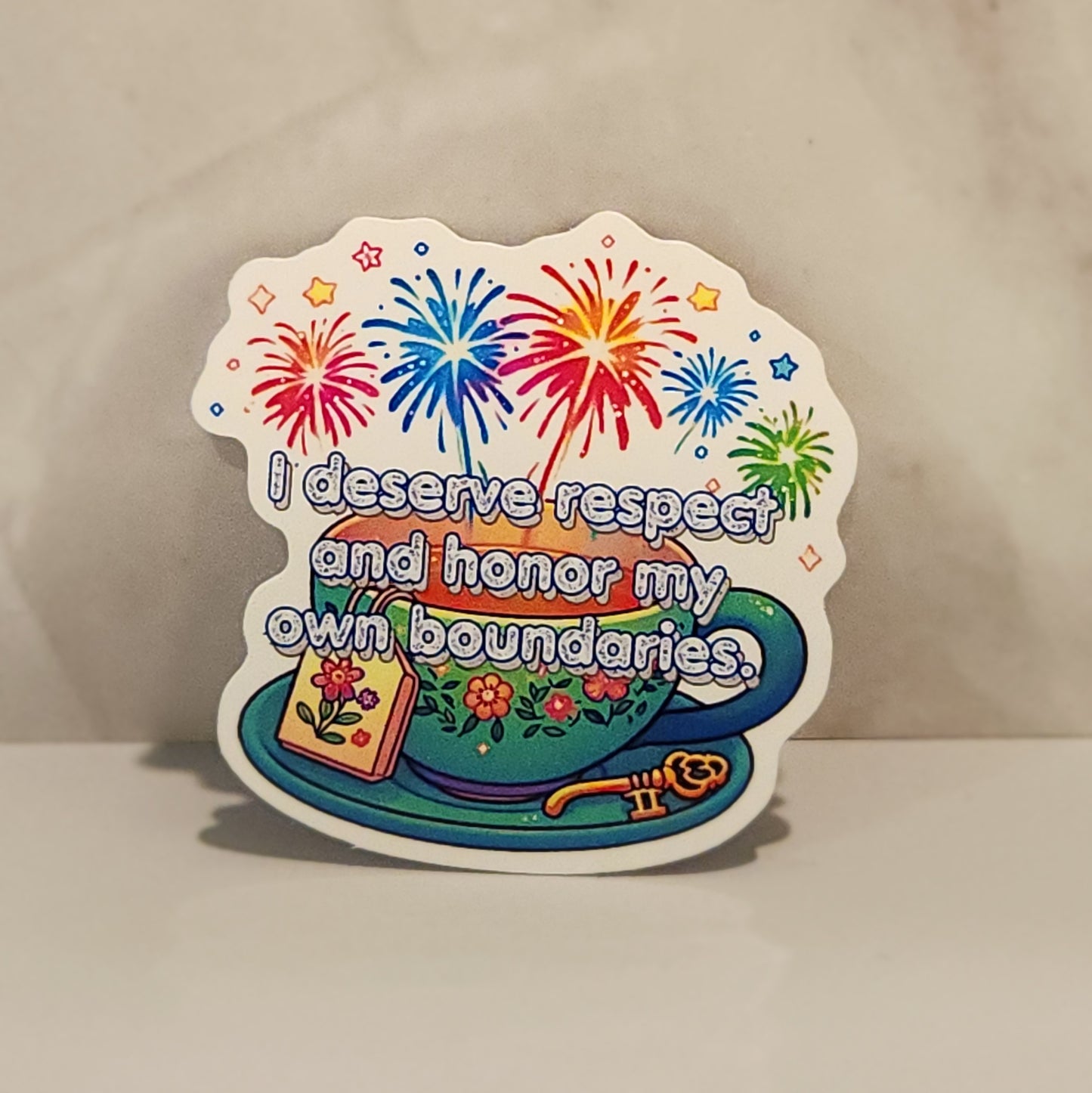 Sticker with colorful design, text, and fireworks on a beige background- affirmation stickers - friends, zero oclock, yet to come, answer: love yourself, magic shop