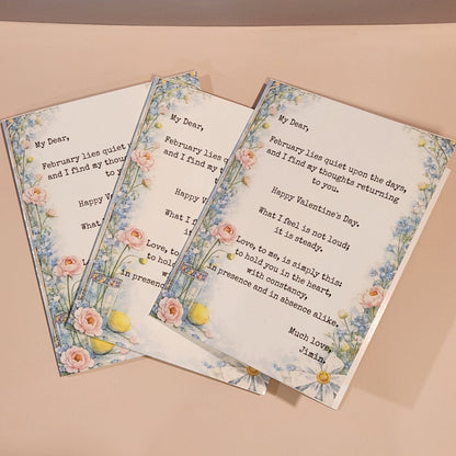 Three Valentine's Day cards with floral designs and poems on a beige background - Jimin's Valentine greeting card, floral decorations inspired by vogue and dior video advertisements and vogue cover photos