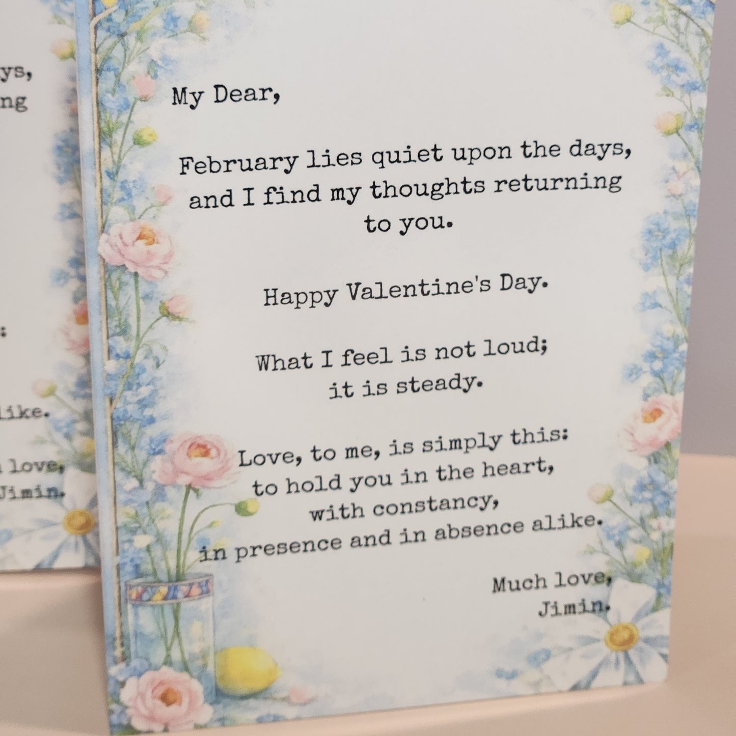 Valentine's Day card with a poem and floral design - Jimin's Valentine greeting card, floral decorations inspired by vogue and dior video advertisements and vogue cover photos