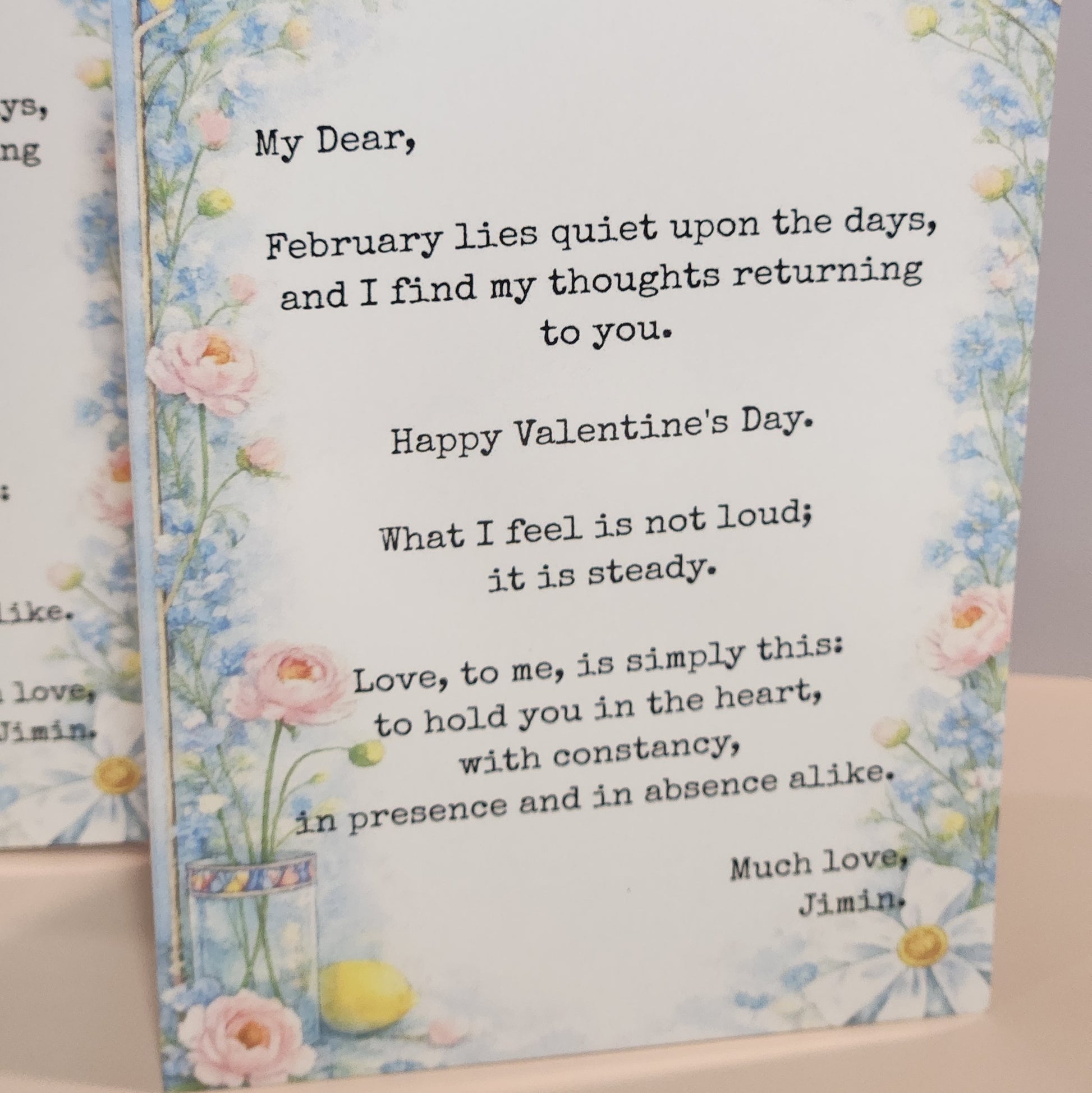 Valentine's Day card with a poem and floral design - Jimin's Valentine greeting card, floral decorations inspired by vogue and dior video advertisements and vogue cover photos