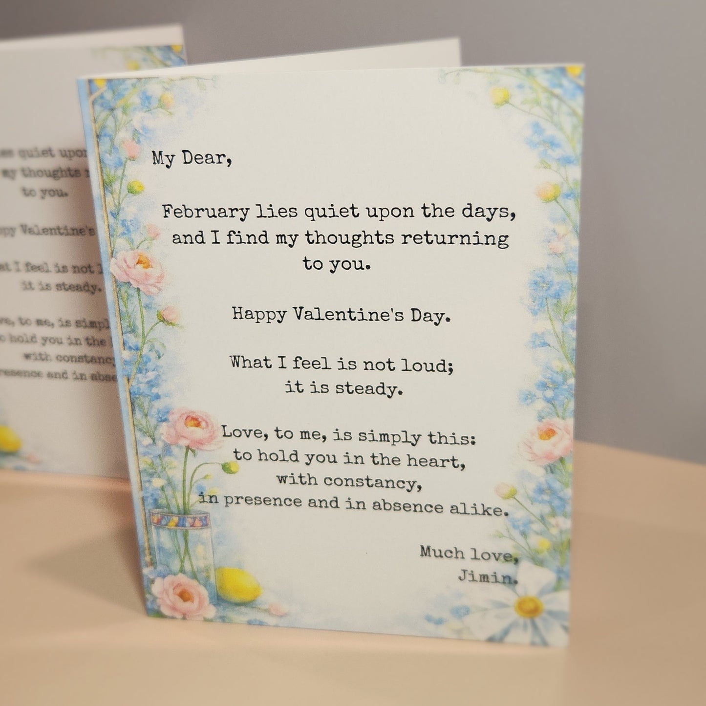 Valentine's Day card with floral design and romantic message - Jimin's Valentine greeting card, floral decorations inspired by vogue and dior video advertisements and vogue cover photos