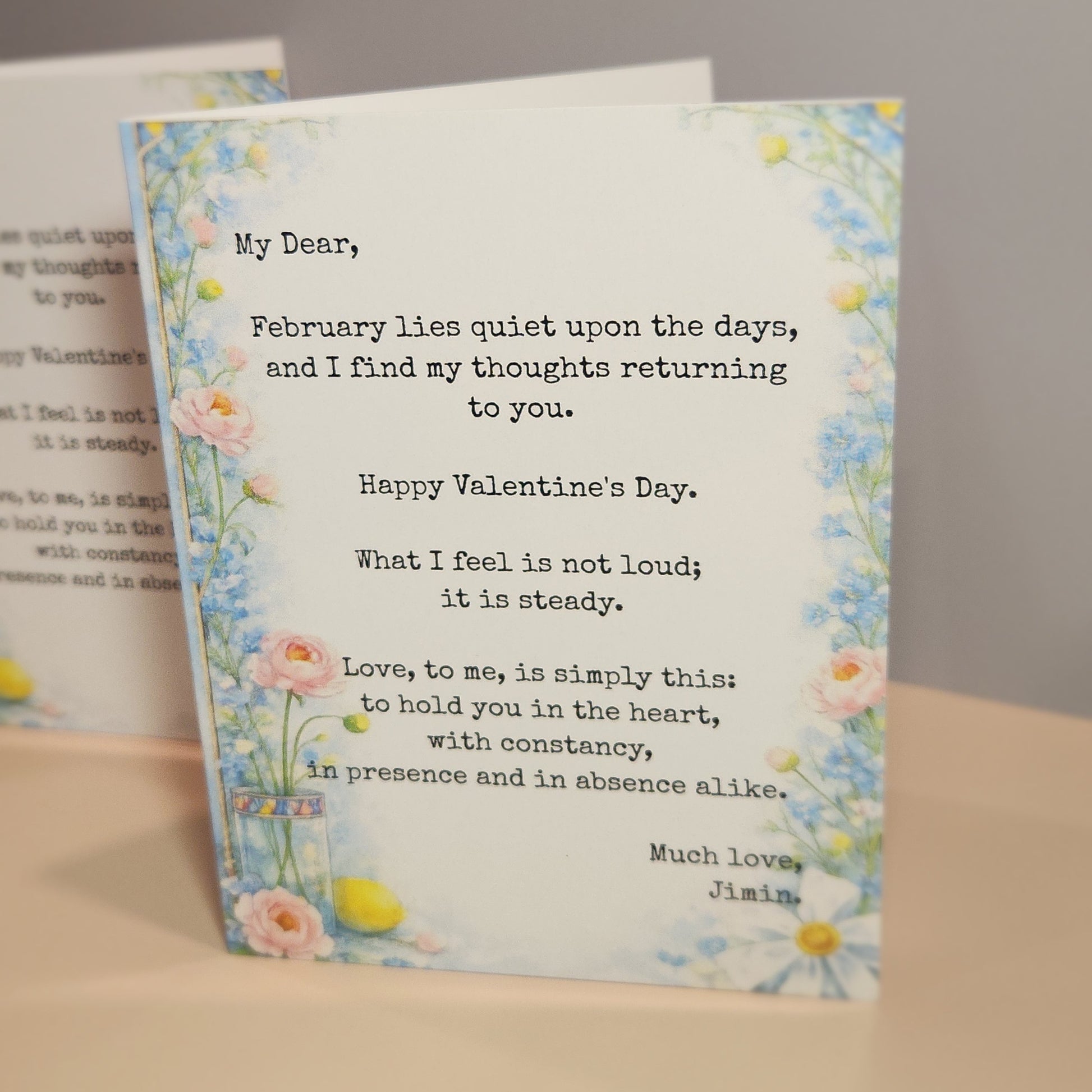 Valentine's Day card with floral design and romantic message - Jimin's Valentine greeting card, floral decorations inspired by vogue and dior video advertisements and vogue cover photos