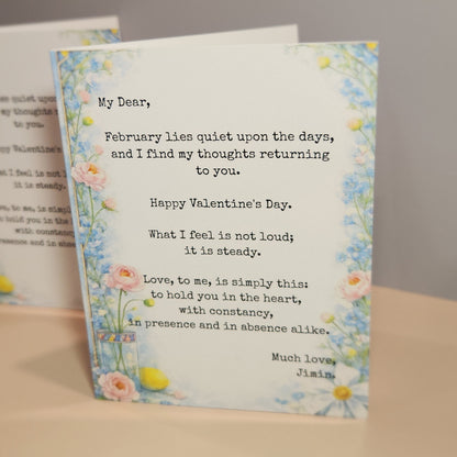 Valentine's Day card with floral design and romantic message - Jimin's Valentine greeting card, floral decorations inspired by vogue and dior video advertisements and vogue cover photos