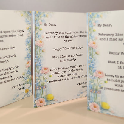 Valentine's Day card with floral design and romantic text on a neutral background - Jimin's Valentine greeting card, floral decorations inspired by vogue and dior video advertisements and vogue cover photos