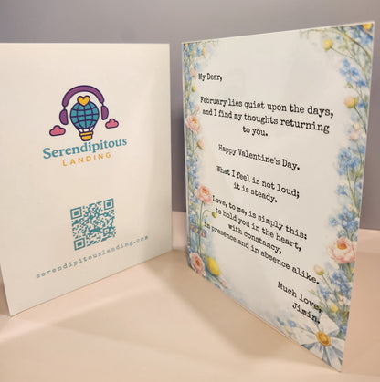 Valentine's Day card with floral design and poem, featuring the 'Serendipitous Landing' logo. - Jimin's Valentine greeting card, floral decorations inspired by vogue and dior video advertisements and vogue cover photos