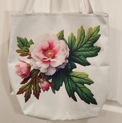 Tote bag with floral design on a plain background - mugunghwa and oak leaf botanical design - white large everyday tote bag