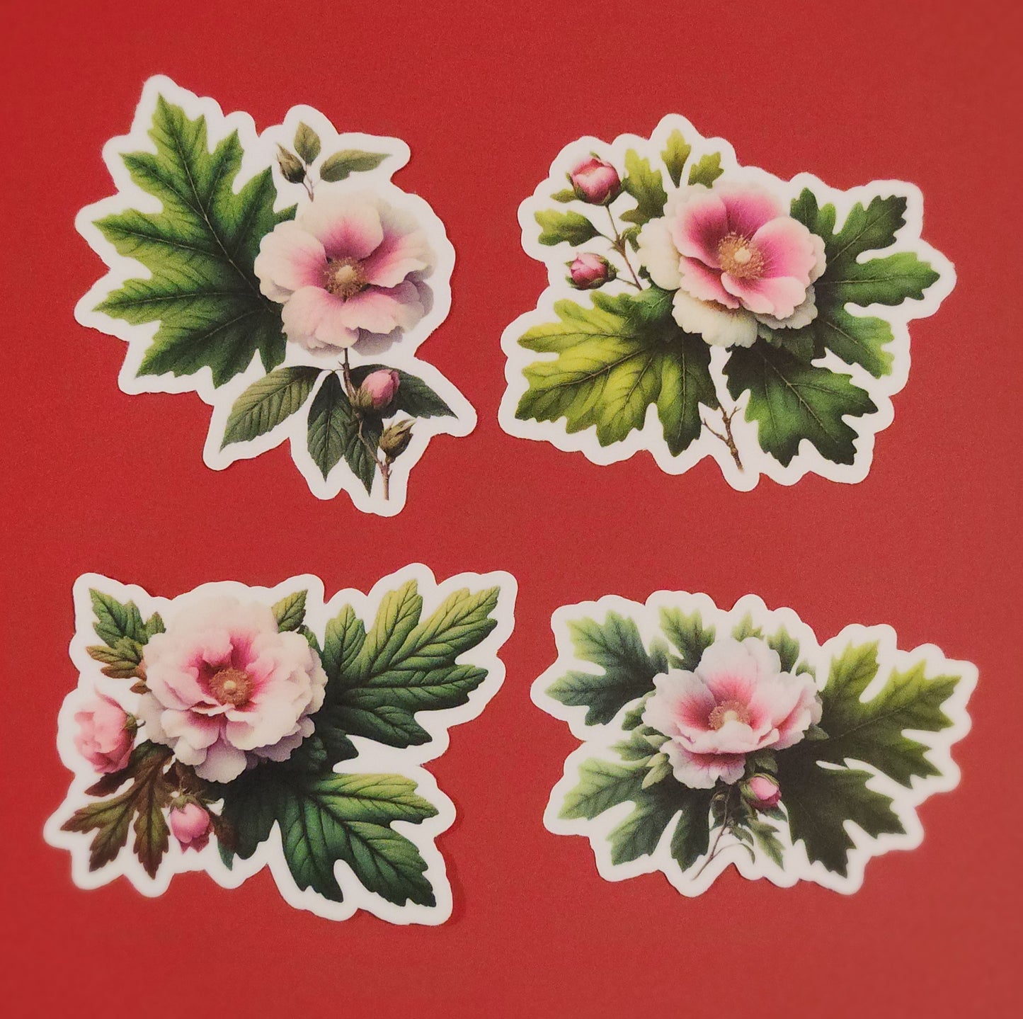 Four floral stickers with pink flowers and green leaves on a red background - mugunghwa and oak leaf botanical design - 4 diecut designs