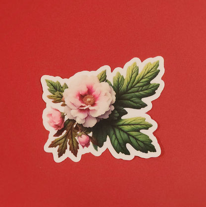 Floral sticker with pink flowers and green leaves on a red background - mugunghwa and oak leaf botanical design - 4 diecut designs