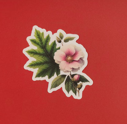 Floral sticker with pink flower and green leaves on a red background - mugunghwa and oak leaf botanical design - 4 diecut designs