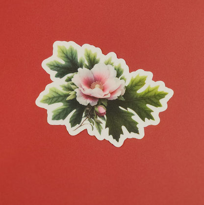 Floral sticker with pink flower and green leaves on a red background - mugunghwa and oak leaf botanical design - 4 diecut designs