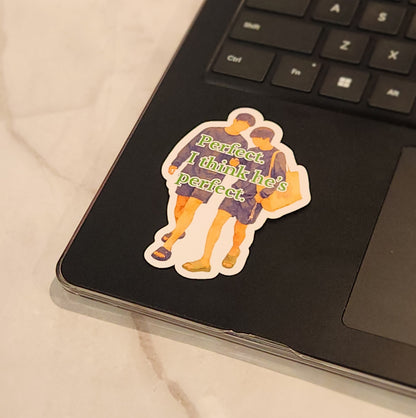 Sticker with two people hugging and text 'Perfect, I think he's perfect.' on a laptop keyboard. - Are You Sure?! Season 2 Jimin Jungkook kookmin jikook