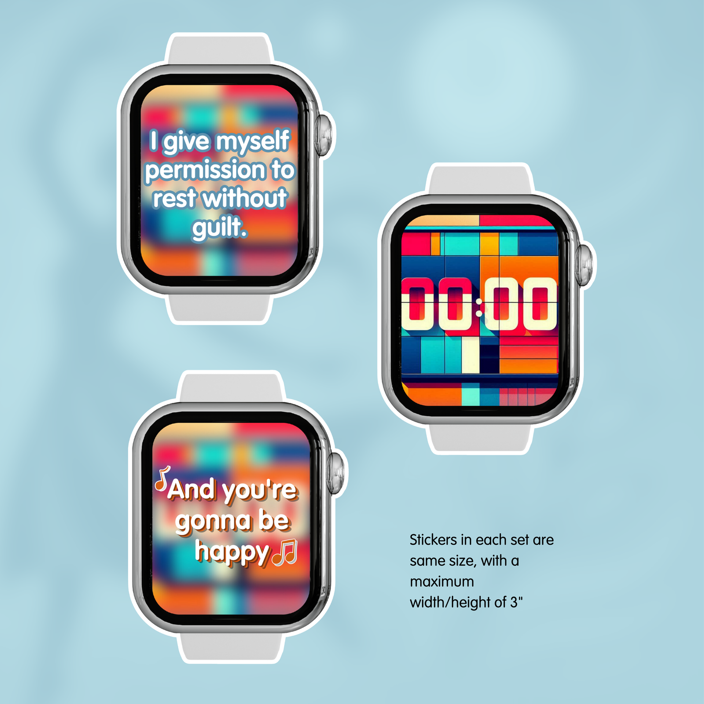 Three smartwatches with colorful screen displays on a light blue background - 2026 Affirmation Sticker Sets - BTS-discography inspired