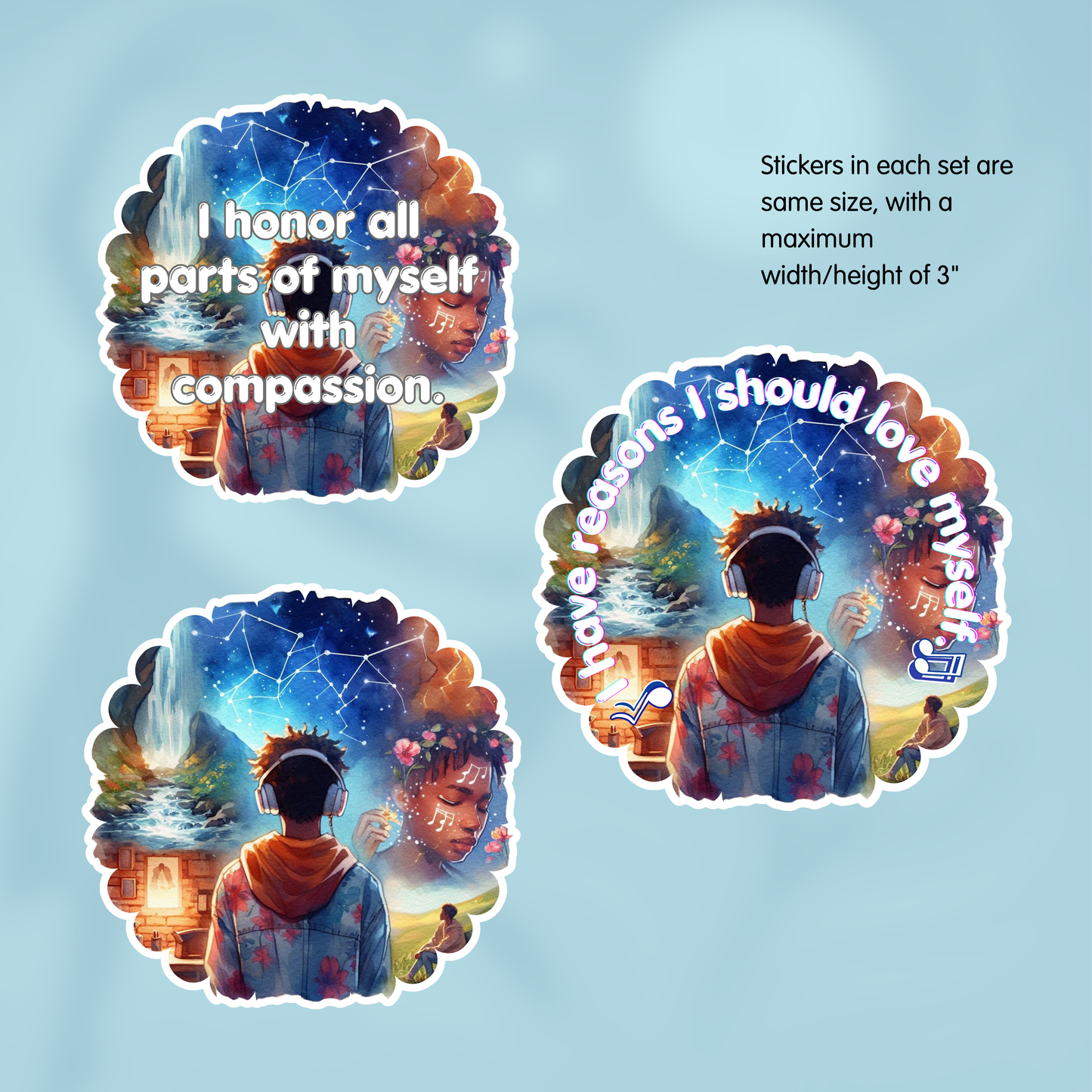 Three motivational stickers with artistic designs and text on a light blue background - 2026 Affirmation Sticker Sets - BTS-discography inspired
