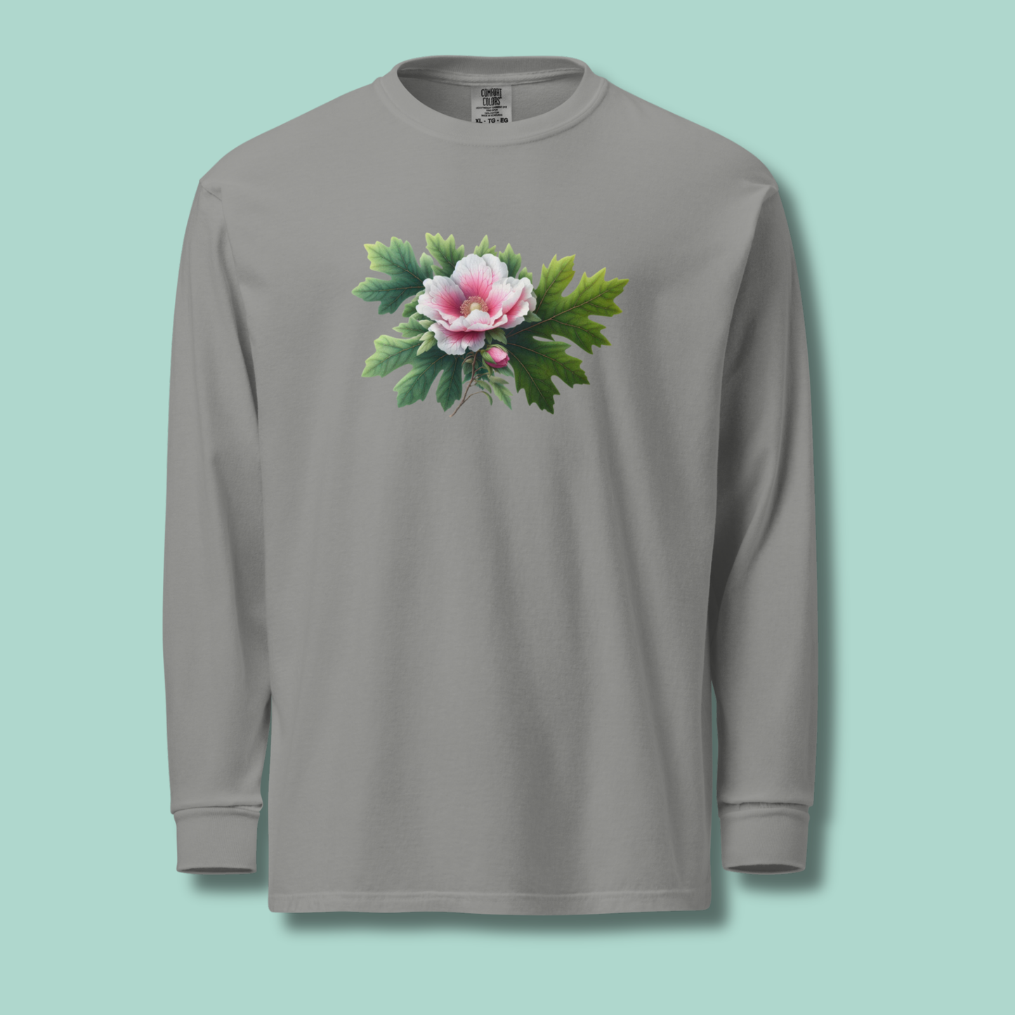 Gray long-sleeve shirt with a floral design on a light blue background - mugunghwa and oak leaf botanical design - medium grey gray long sleeve tee, tshirt