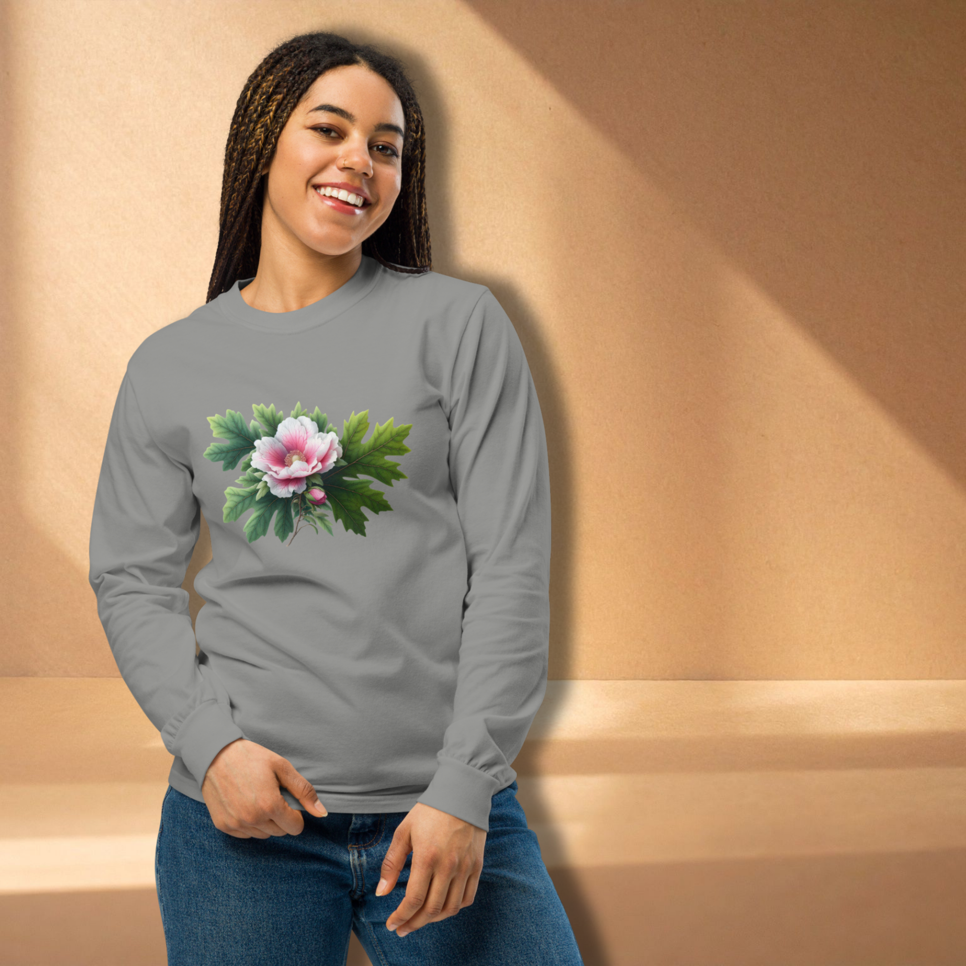 Woman wearing a gray long-sleeve shirt with a floral design against a beige background - mugunghwa and oak leaf botanical design - medium grey gray long sleeve tee, tshirt