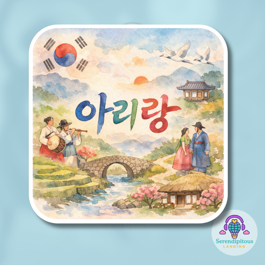 Sticker with a scenic design of people in traditional Korean clothing, a bridge, and a house on a blue background. The word '아리랑' is displayed. - watercolor art featuring interpretations of the arirang folk songs, diecut sticker