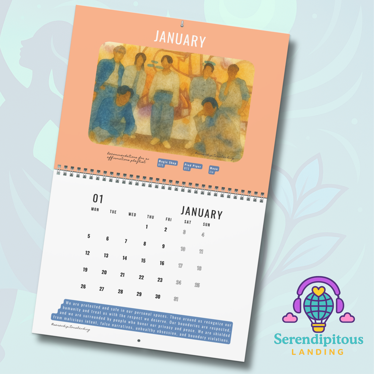 Calendar with a colorful illustration on the cover and 'Serendipitous Landing' logo. - BTS 2026 Wall Calendar - Bangtan Affirmations, OT7 Watercolor Art | Monthly Song Recommendations