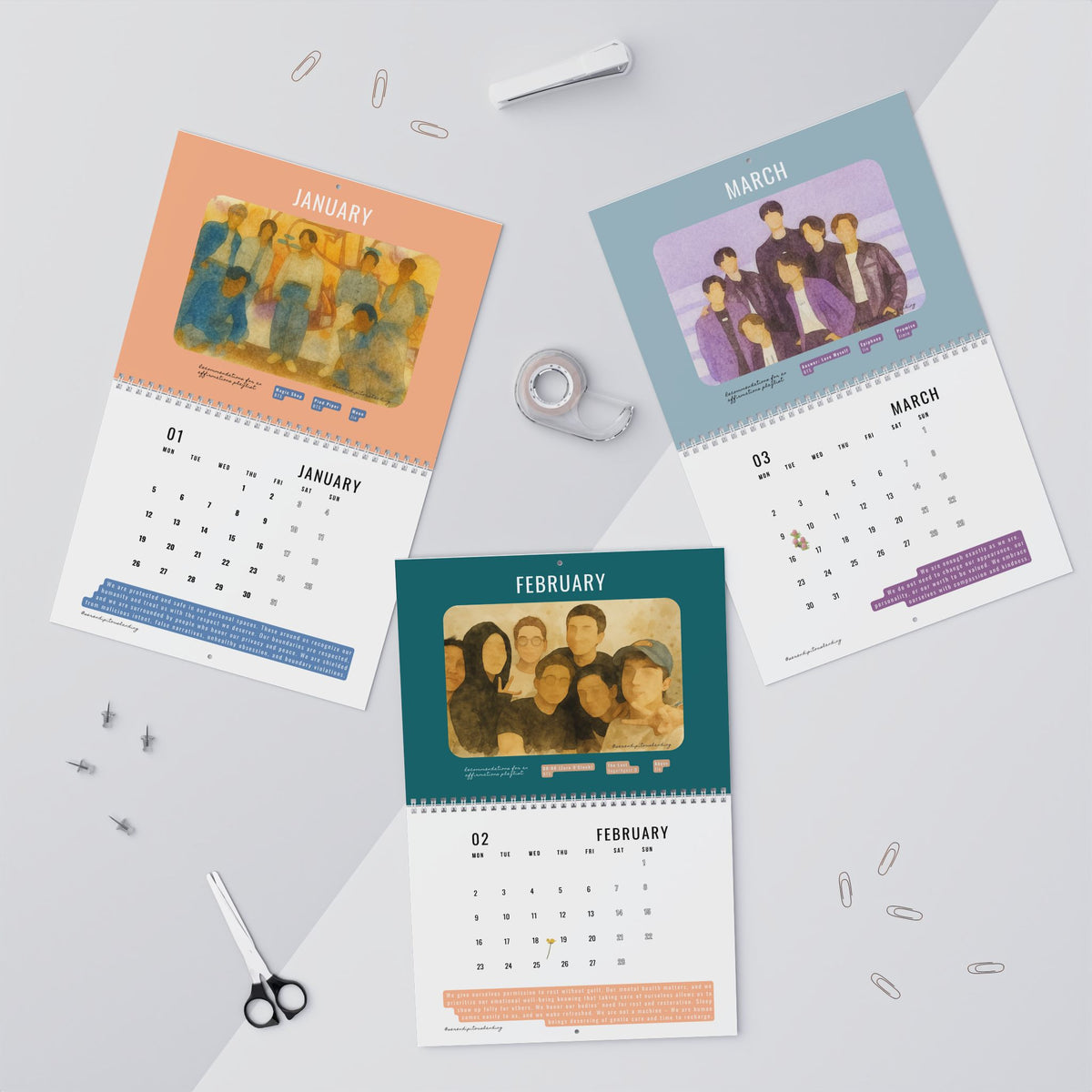 Three calendar pages for January, February, and March on a light gray background. - BTS 2026 Wall Calendar - Bangtan Affirmations, OT7 Watercolor Art | Monthly Song Recommendations