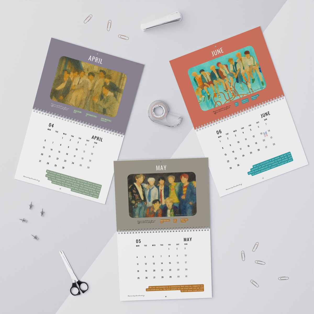 Four calendar pages showing different months with illustrations on a light gray background. - BTS 2026 Wall Calendar - Bangtan Affirmations, OT7 Watercolor Art | Monthly Song Recommendations