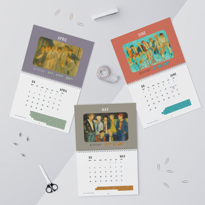 Four calendar pages showing different months with illustrations on a light gray background. - BTS 2026 Wall Calendar - Bangtan Affirmations, OT7 Watercolor Art | Monthly Song Recommendations