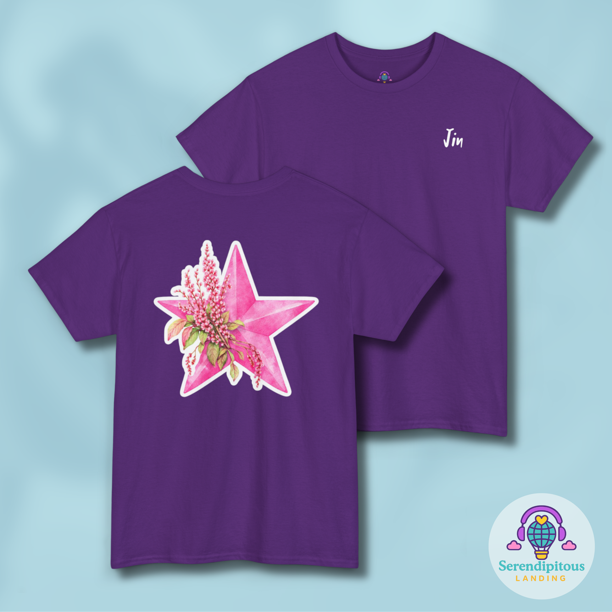 BTS Jin Birth Flower Shirt - purple short sleeve shirt with birth flower and arirang vinyl color, Seokjin