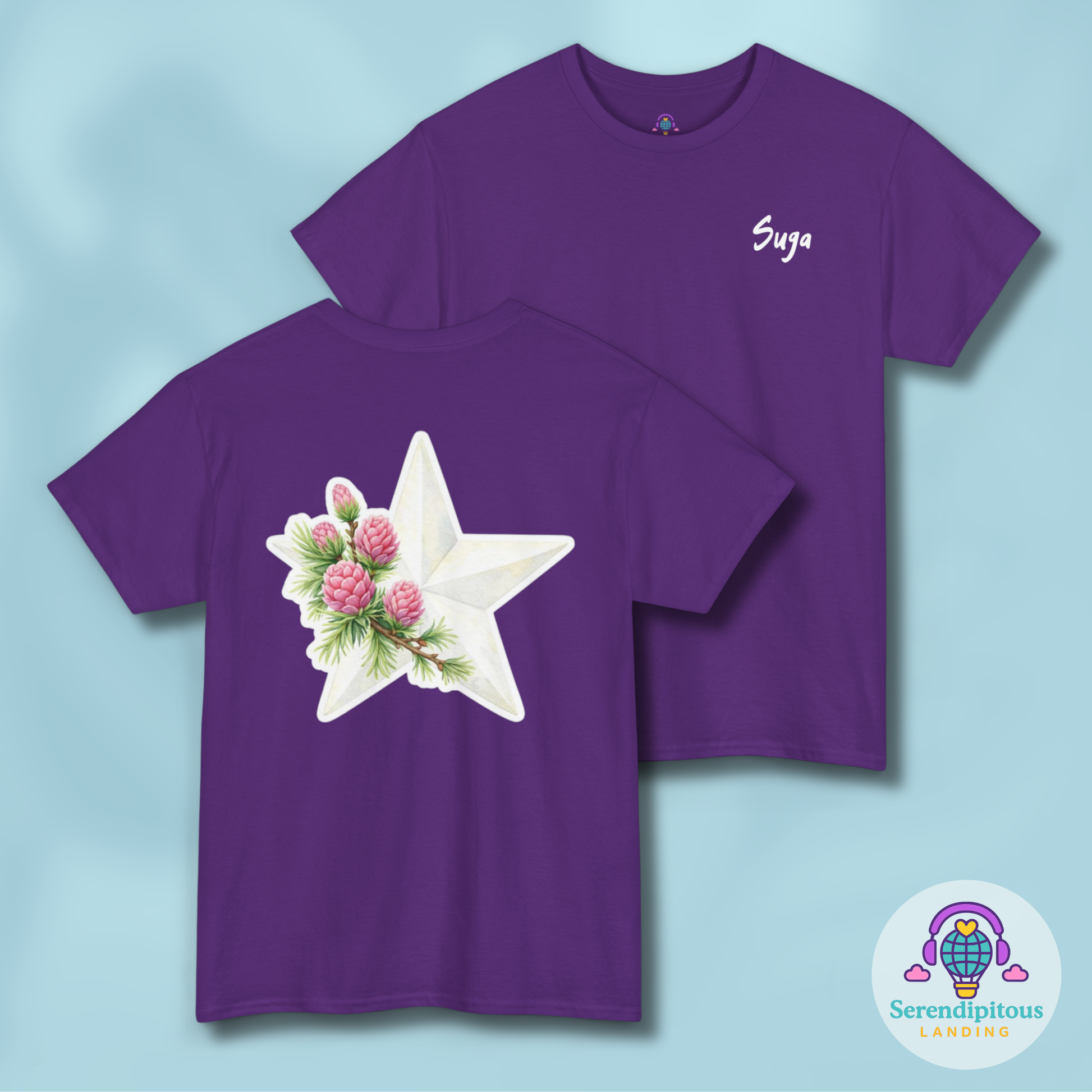 BTS Suga Birth Flower Shirt - purple short sleeve shirt with birth flower and arirang vinyl color, Agust D, Min Yoongi