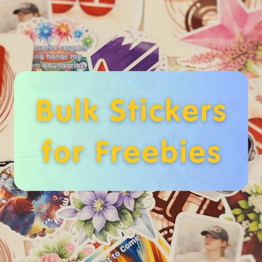 Collection of colorful stickers with text overlay 'Bulk Stickers for Freebies'. - bangtan stickers, cupsleeve accessories, BTS discography