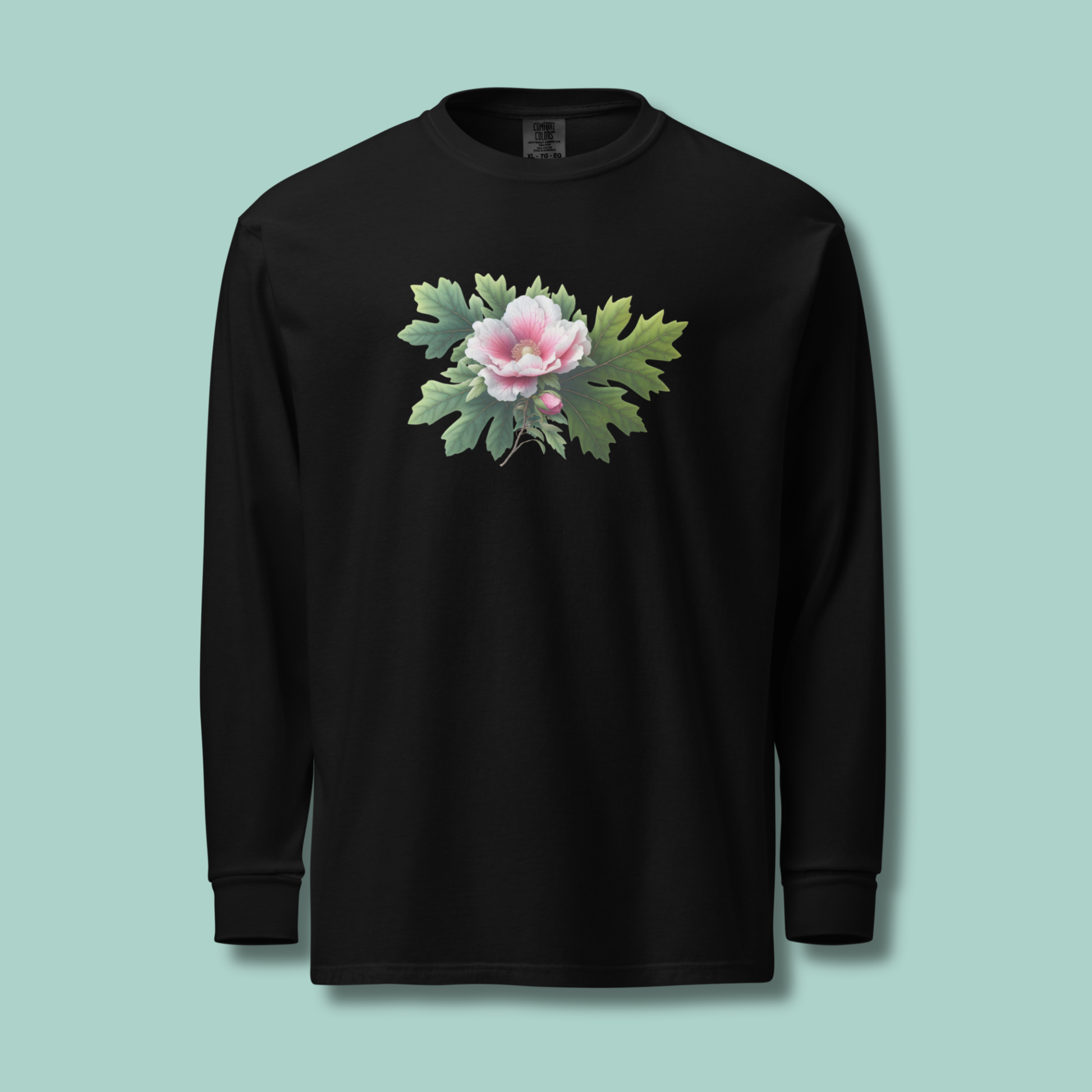 Black long-sleeve shirt with a floral design on a light blue background -[SAMPLE SALE] Mugunghwa & Oak Leaf Heavyweight Long-Sleeve (Unisex)  | Serendipitous Landing