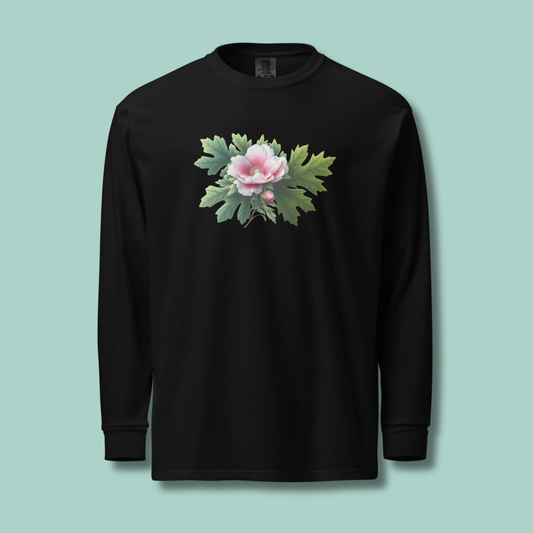 Black long-sleeve shirt with a floral design on a light blue background -[SAMPLE SALE] Mugunghwa & Oak Leaf Heavyweight Long-Sleeve (Unisex)  | Serendipitous Landing
