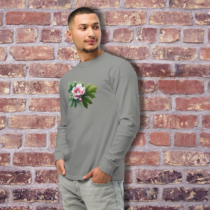 Man wearing a gray long-sleeve shirt with a floral design against a brick wall. - mugunghwa and oak leaf botanical design - medium grey gray long sleeve tee, tshirt