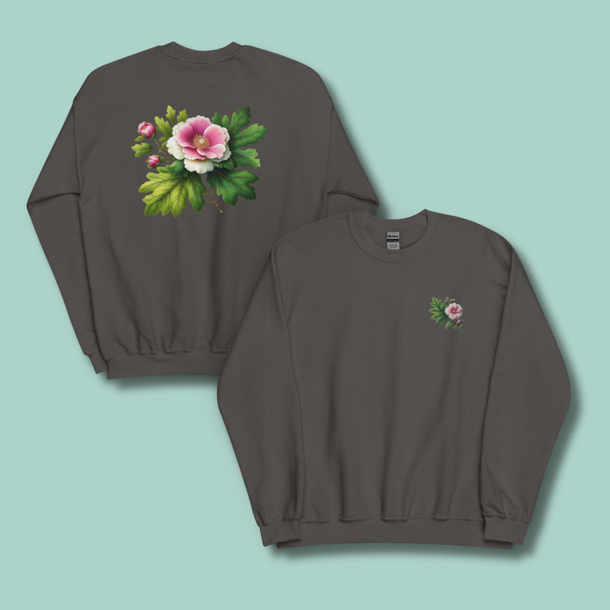Gray sweatshirt with floral design on front and back against a light blue background  - mugunghwa and oak leaf botanical design - medium grey gray sweatshirt - [SAMPLE SALE] Mugunghwa & Oak Leaf Embroidered Sweatshirt (Unisex) | Serendipitous Landing