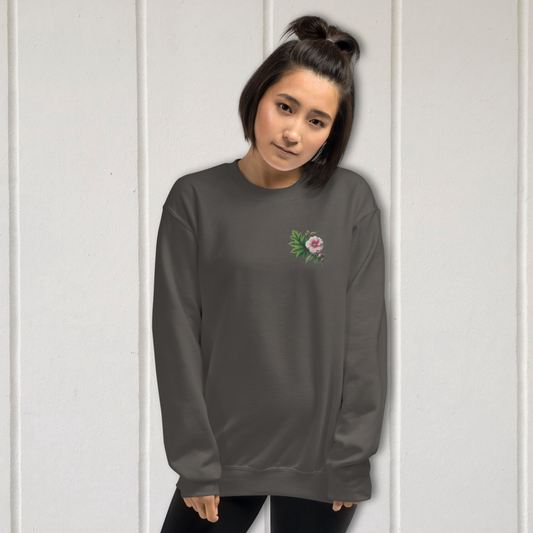 Person wearing a dark gray long-sleeve shirt with a floral design on a white background  - mugunghwa and oak leaf botanical design - medium grey gray sweatshirt - [SAMPLE SALE] Mugunghwa & Oak Leaf Embroidered Sweatshirt (Unisex) | Serendipitous Landing