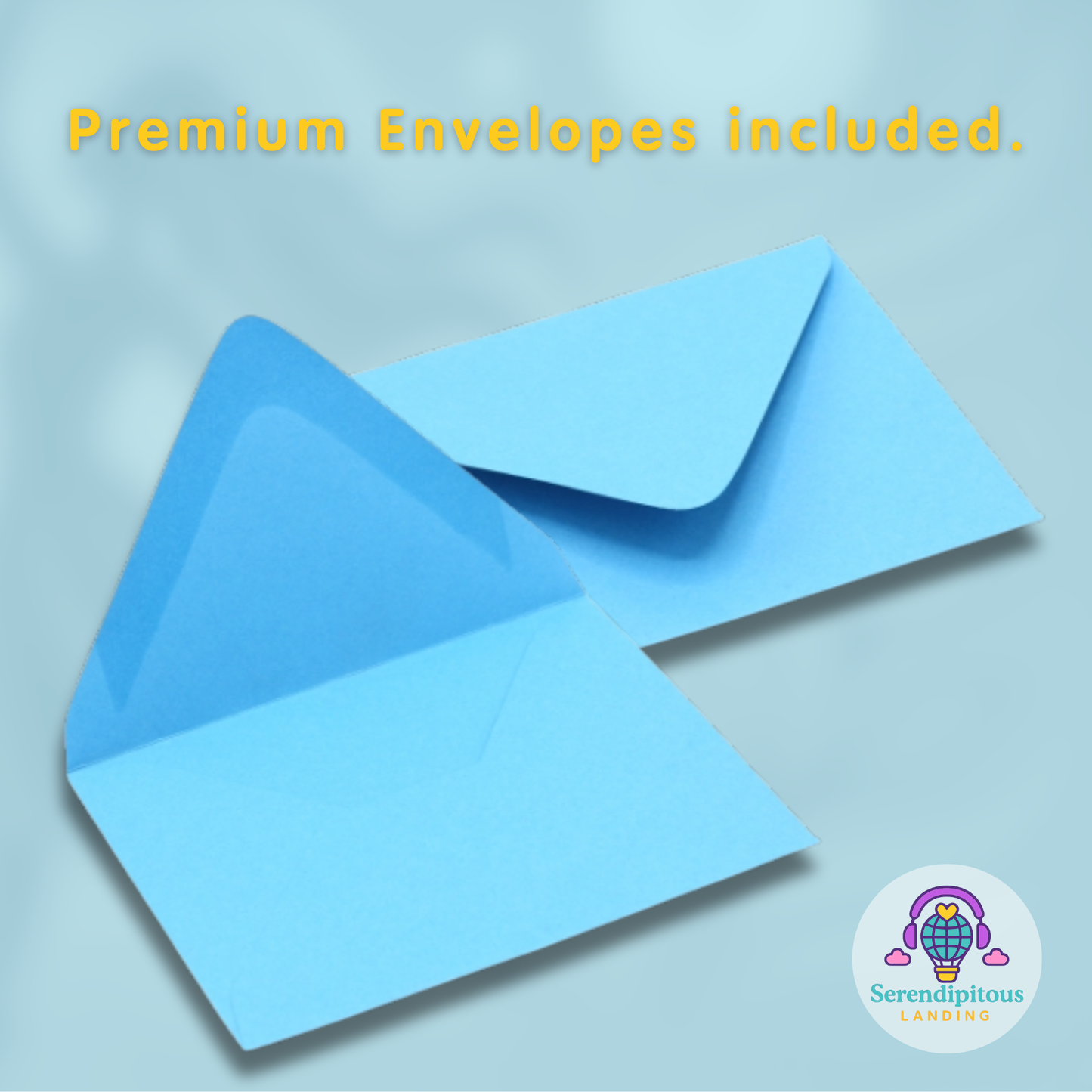 Two blue envelopes on a light blue background with text 'Premium Envelopes included.' - Jimin's Valentine greeting card, floral decorations inspired by vogue and dior video advertisements and vogue cover photos