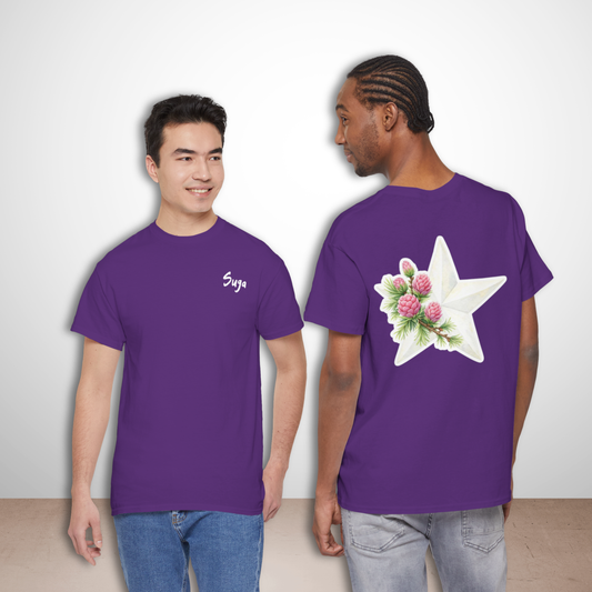 BTS Suga Birth Flower Shirt - purple short sleeve shirt with birth flower and arirang vinyl color