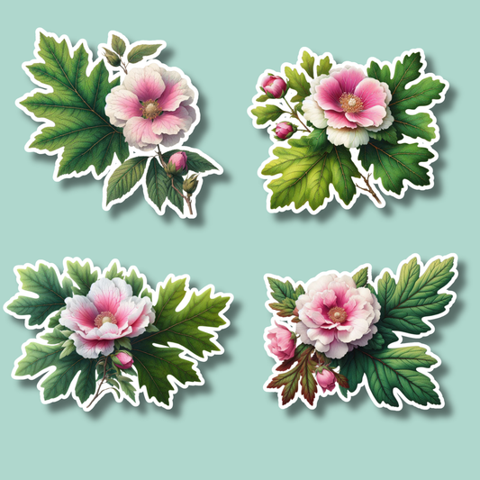 Four floral stickers with pink flowers and green leaves on a light blue background - mugunghwa and oak leaf botanical design - 4 diecut designs