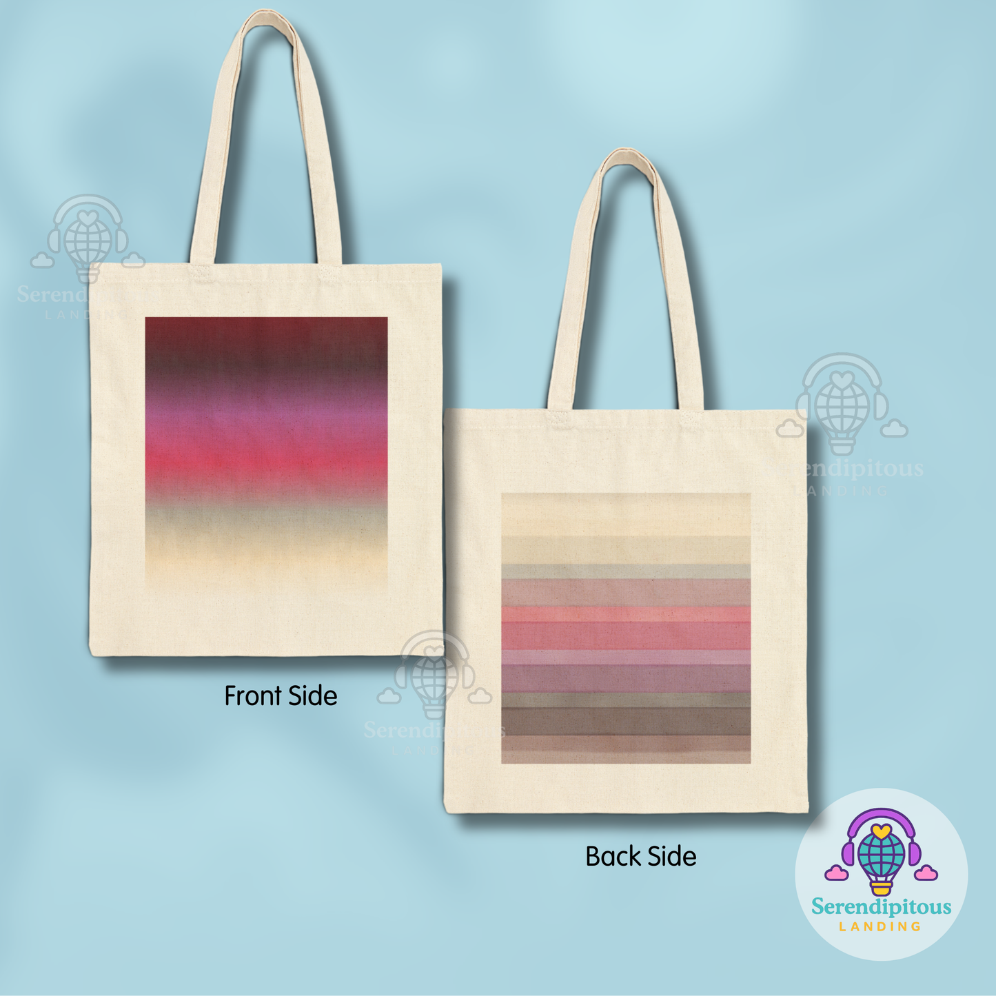 Tote bag with gradient design on front and back (inspired by the BTS Arirang vinyl colors), displayed against a light blue background.