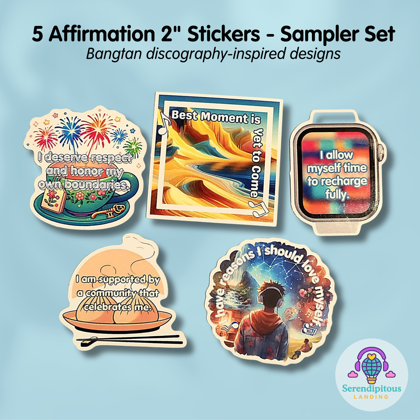 Sampler set of 5 affirmation stickers with colorful designs on a light blue background - affirmation stickers - friends, zero oclock, yet to come, answer: love yourself, magic shop