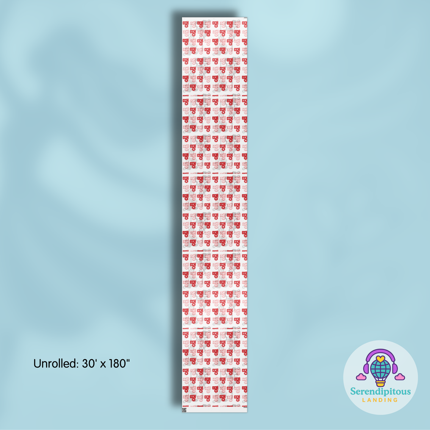Roll of red and white patterned paper on a light blue background with 'Serendipitous Landing' branding. - BTS Rapline "Ddaeng" Inspired Gift Wrapping Paper