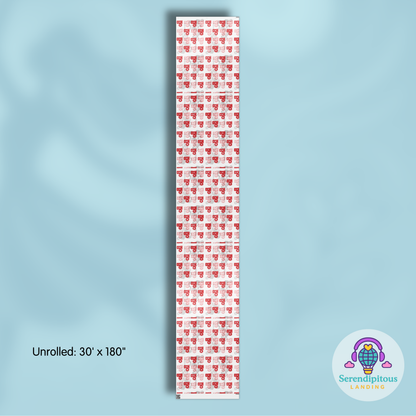 Roll of red and white patterned paper on a light blue background with 'Serendipitous Landing' branding. - BTS Rapline "Ddaeng" Inspired Gift Wrapping Paper