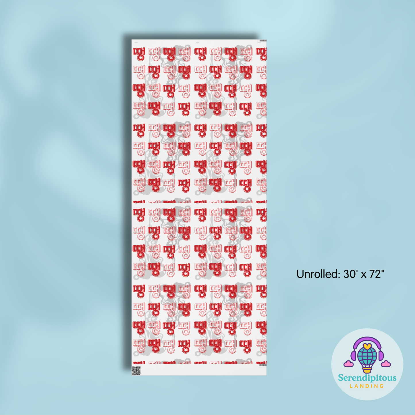Unrolled carpet with red pattern on a light blue background, featuring the Serendipitous Landing logo.  - BTS Rapline "Ddaeng" Inspired Gift Wrapping Paper