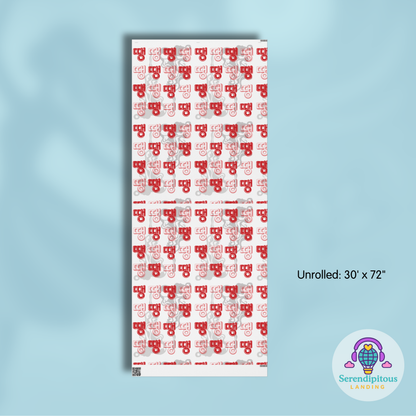 Unrolled carpet with red pattern on a light blue background, featuring the Serendipitous Landing logo.  - BTS Rapline "Ddaeng" Inspired Gift Wrapping Paper