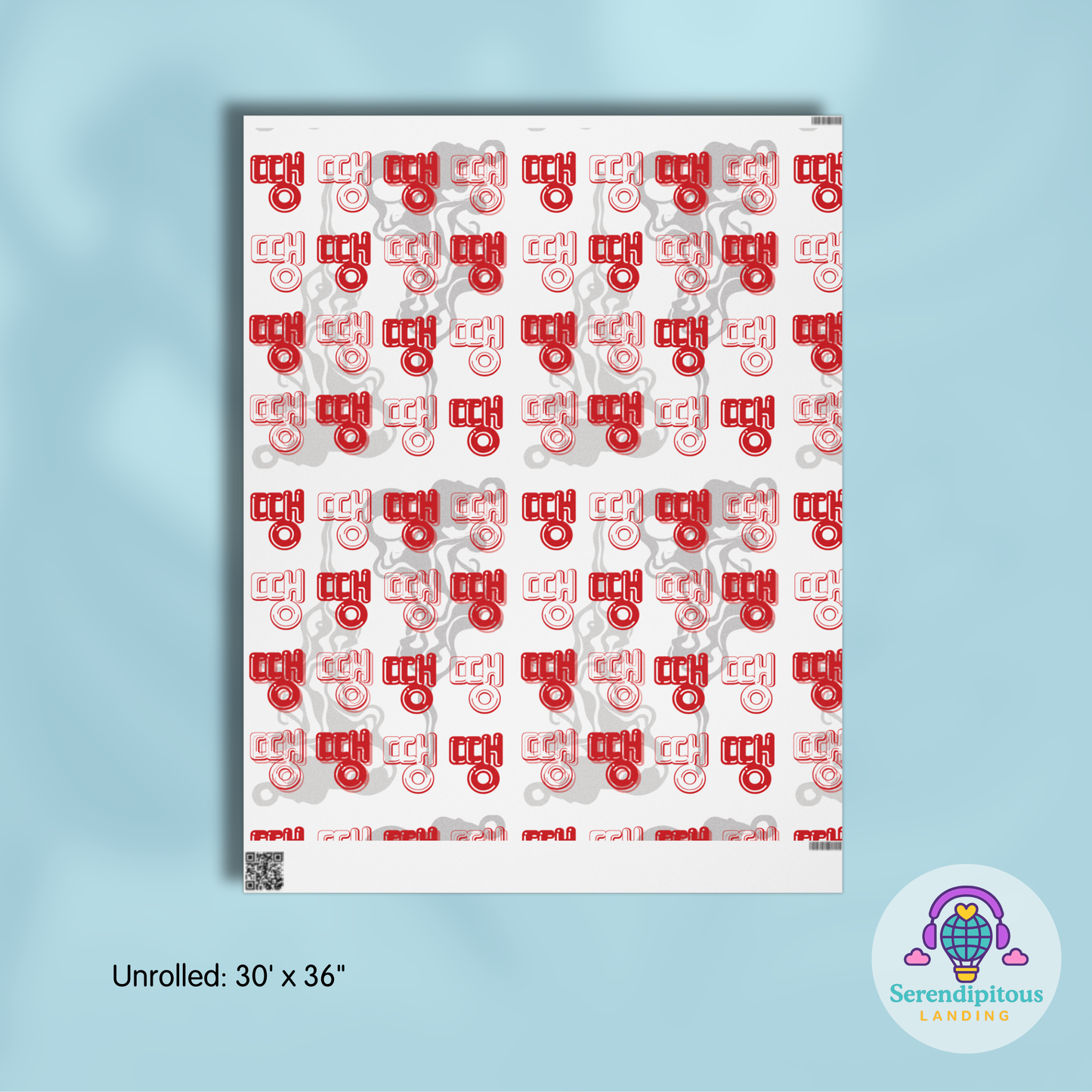 Roll of paper with red text on a light blue background, featuring the brand 'Serendipitous Landing'. - BTS Rapline "Ddaeng" Inspired Gift Wrapping Paper